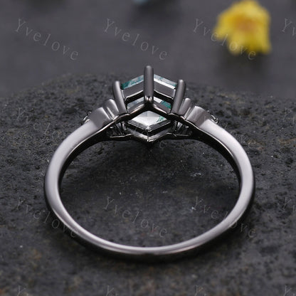 Hexagon Cut Alexandrite Engagement Ring Set Vintage Black Gold Ring Unique black wedding band,Diamond Wrap guard Band Celtic Gothic Ring