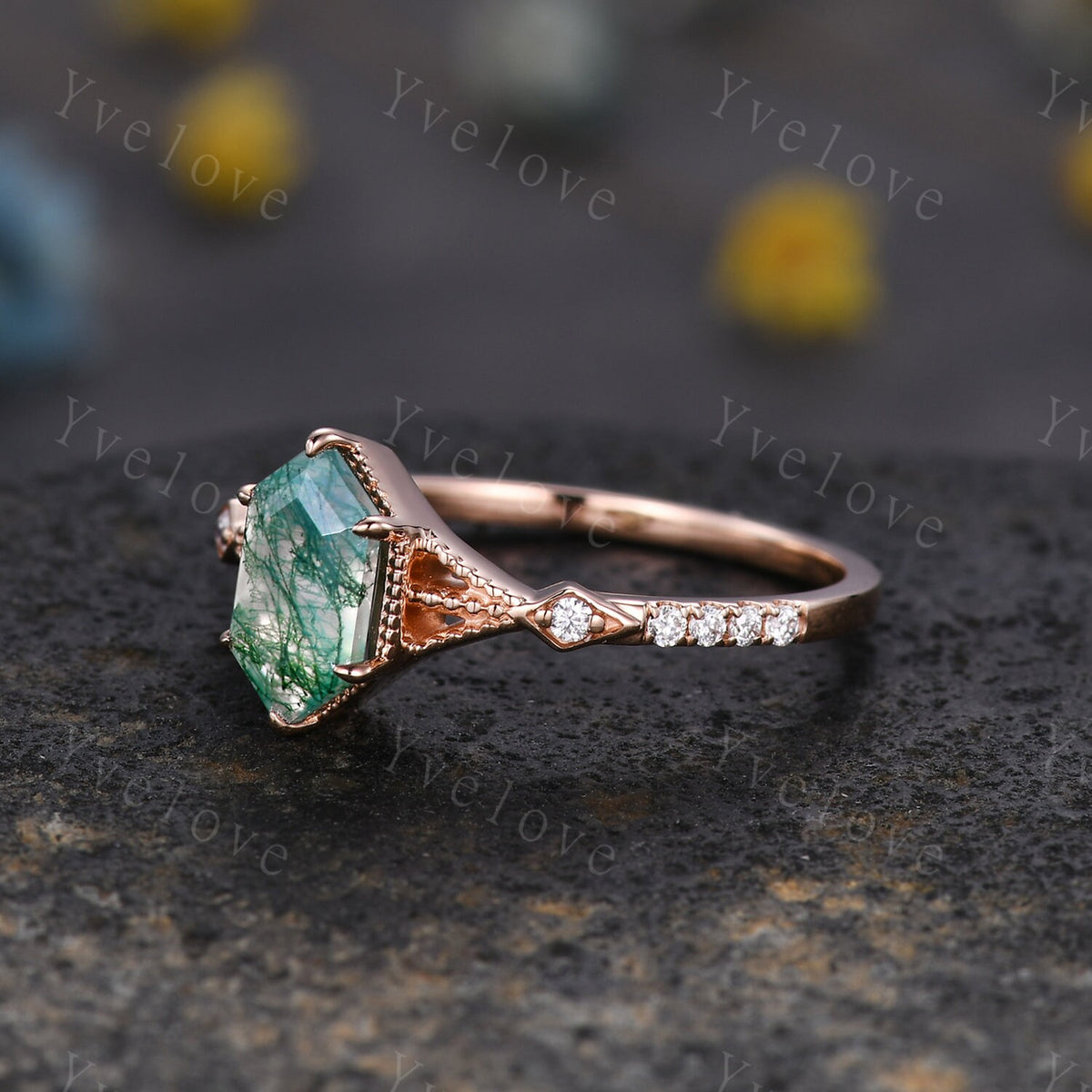 Vintage Moss agate engagement ring,hexagon moss agate ring set,Moissanite gold band,Moss agate fine jewelry,Promise ring set,14k rose gold