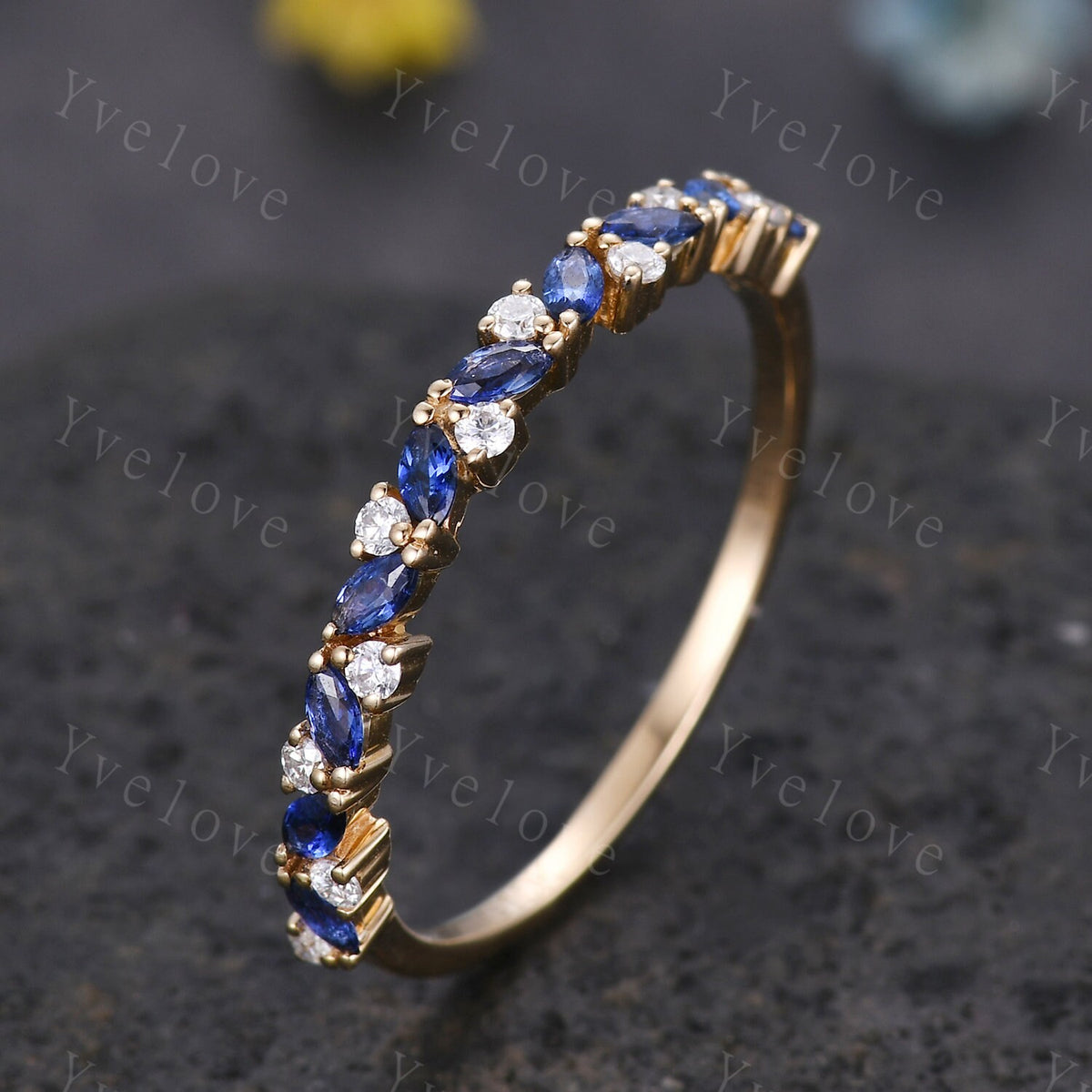 Marquise sapphire wedding band vintage sapphire ring white gold moissanite antique unique stacking band anniversary promise matching band
