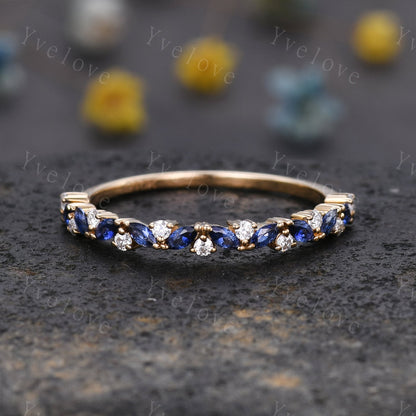 Marquise sapphire wedding band vintage sapphire ring white gold moissanite antique unique stacking band anniversary promise matching band