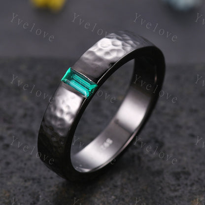 Mens Emerald Wedding Band Baguette Cut Green Emerald Band 5mm Black Band Ring Mens Hammered Stacking Matching Band Retro Vintage Ring Gift