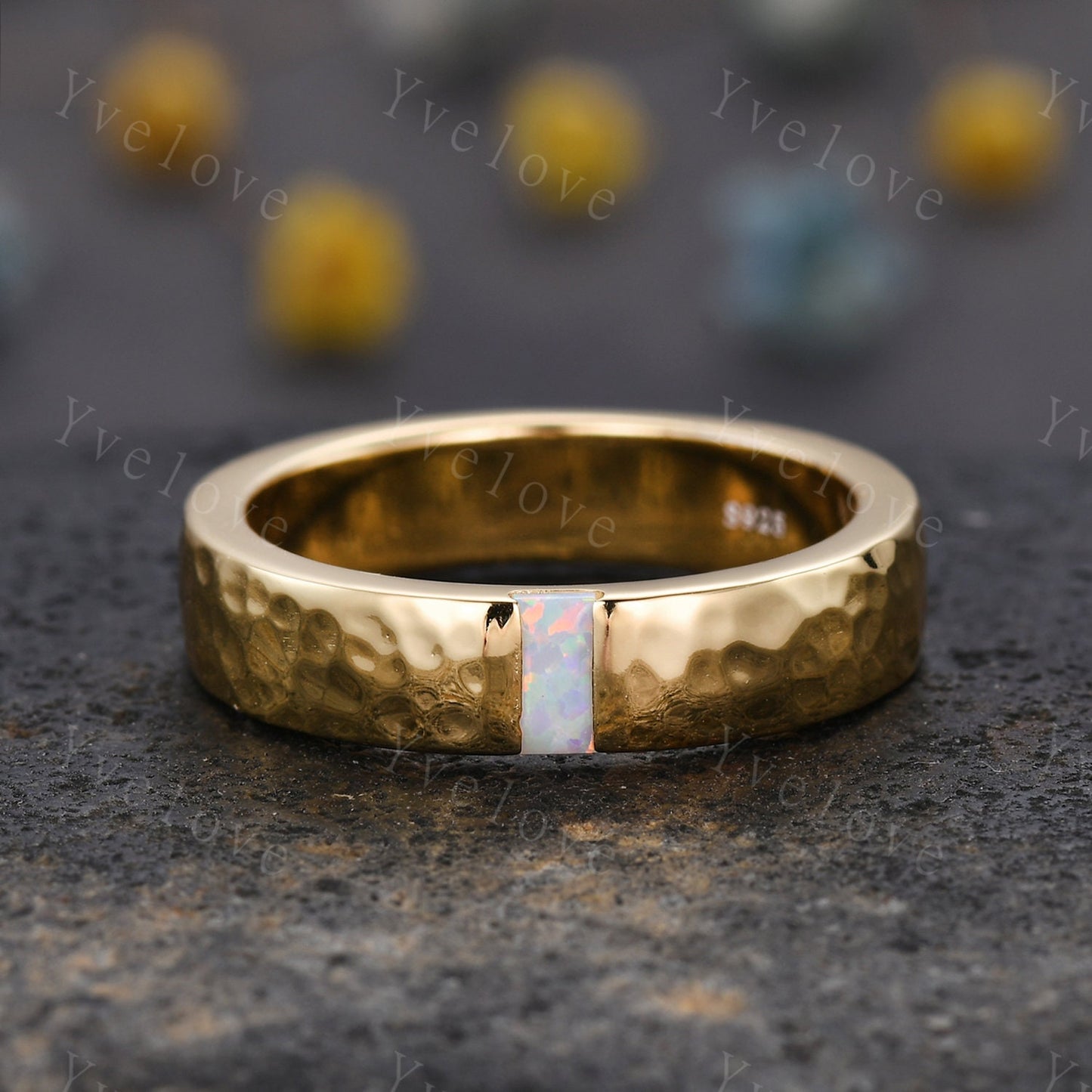 Mens White Fire Opal Wedding Band Baguette Cut Opal Band 5mm Black Silver Ring Mens Hammered Stacking Matching Band Retro Vintage Ring Gift