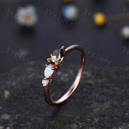 Unique Smoky Quartz Opal Engagement Ring,Pear Cut Gems,Art Deco Moissanite Wedding Band,3 Stone Unique Women Bridal Promise Ring,Customized