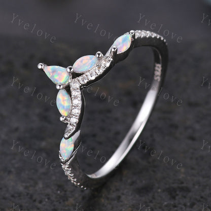Dainty White opal wedding band moissanite diamond V curved wedding ring stackable matching band gift for women bridal ring 925 silver ring