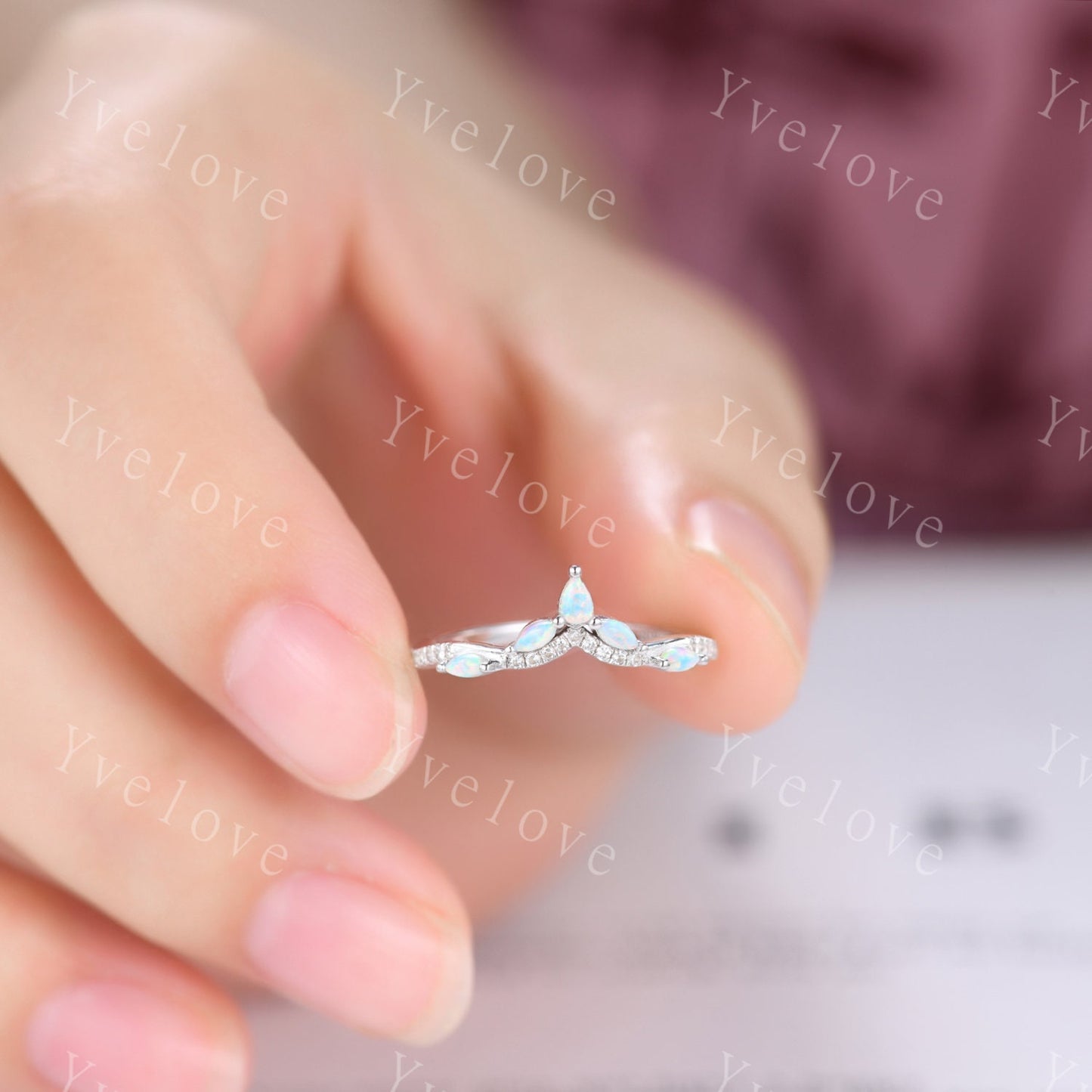 Dainty White opal wedding band moissanite diamond V curved wedding ring stackable matching band gift for women bridal ring 925 silver ring