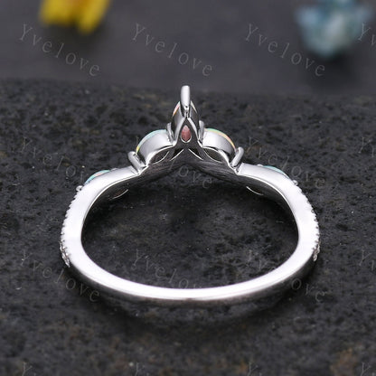 Dainty White opal wedding band moissanite diamond V curved wedding ring stackable matching band gift for women bridal ring 925 silver ring