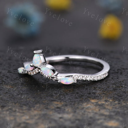 Dainty White opal wedding band moissanite diamond V curved wedding ring stackable matching band gift for women bridal ring 925 silver ring