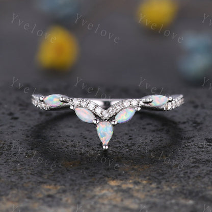 Dainty White opal wedding band moissanite diamond V curved wedding ring stackable matching band gift for women bridal ring 925 silver ring