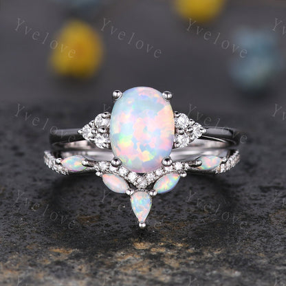 Dainty White opal wedding band moissanite diamond V curved wedding ring stackable matching band gift for women bridal ring 925 silver ring