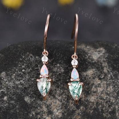 Unique Moss Agate Opal Earrings,Pear Cut Gems,Art Deco Moissanite Diamond Delicate Dainty Earrings,3 Stone Minimalist Women Gift for Her