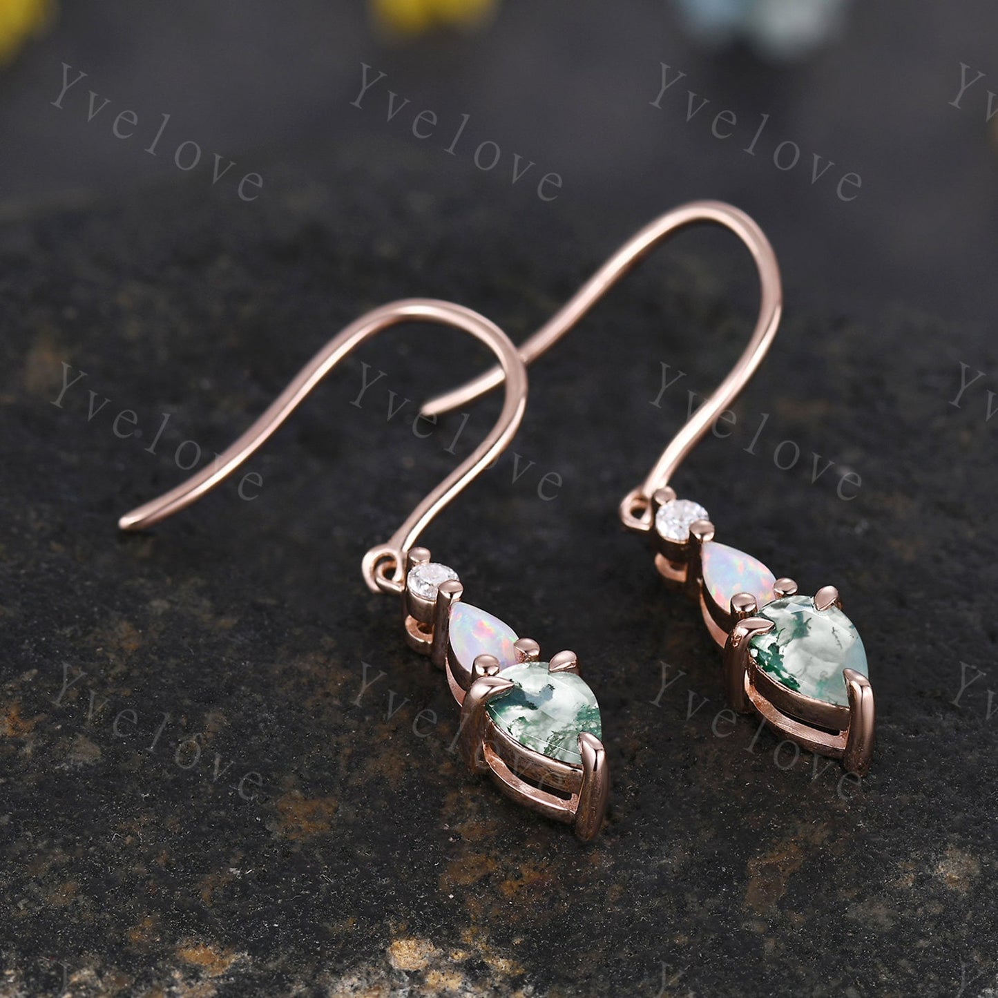 Unique Moss Agate Opal Earrings,Pear Cut Gems,Art Deco Moissanite Diamond Delicate Dainty Earrings,3 Stone Minimalist Women Gift for Her