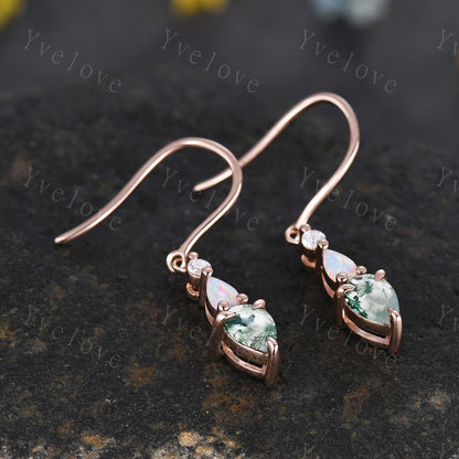 Unique Moss Agate Opal Earrings,Pear Cut Gems,Art Deco Moissanite Diamond Delicate Dainty Earrings,3 Stone Minimalist Women Gift for Her