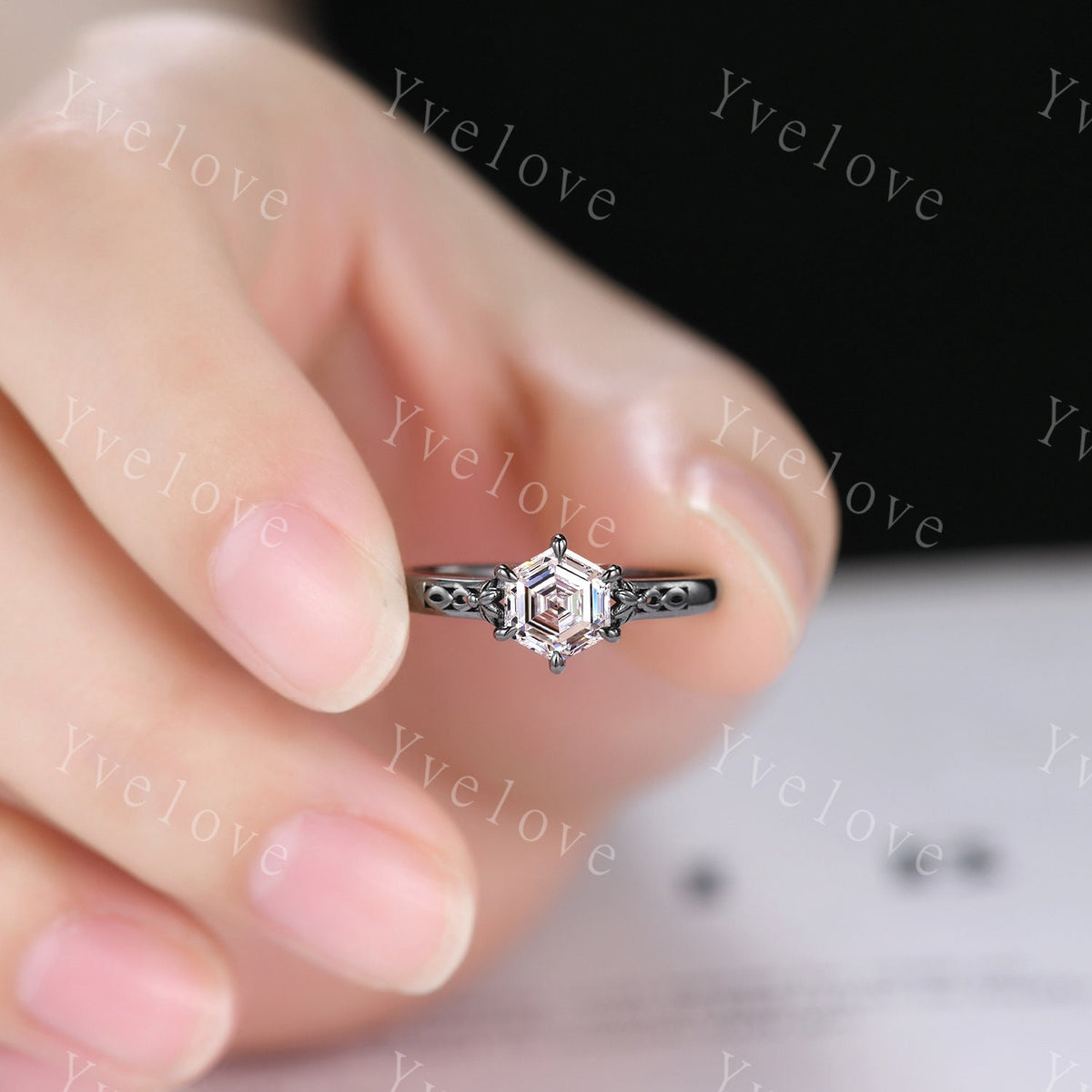 Unique Hexagon Shaped Moissanite Engagement Ring Black Gold Vintage Moissanite Wedding Ring Art Deco Promise Bridal Ring For Women