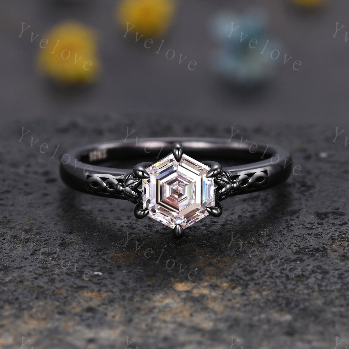 Unique Hexagon Shaped Moissanite Engagement Ring Black Gold Vintage Moissanite Wedding Ring Art Deco Promise Bridal Ring For Women