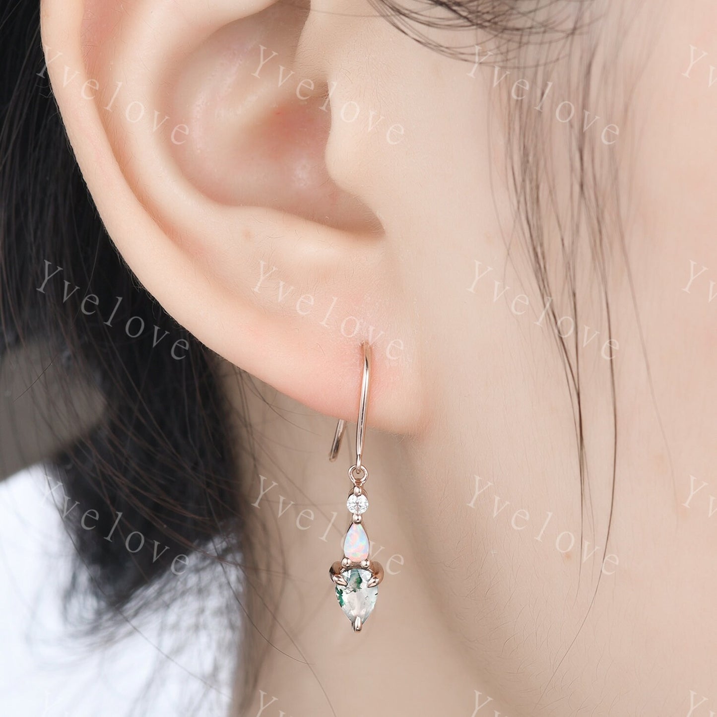Unique Moss Agate Opal Earrings,Pear Cut Gems,Art Deco Moissanite Diamond Delicate Dainty Earrings,3 Stone Minimalist Women Gift for Her