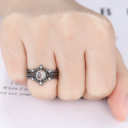Unique Hexagon Shaped Moissanite Engagement Ring Black Gold Vintage Moissanite Wedding Ring Art Deco Promise Bridal Ring For Women