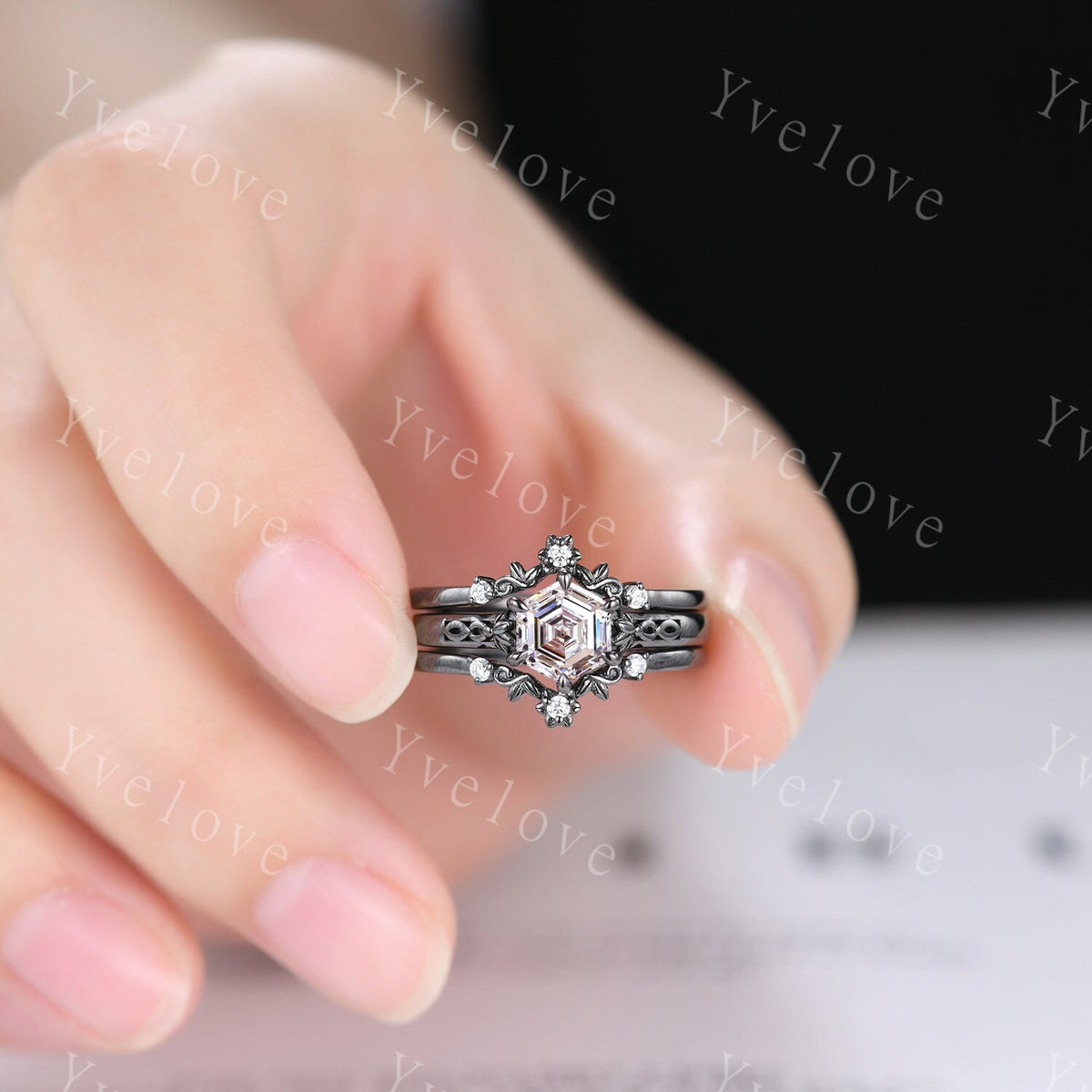 Unique Hexagon Shaped Moissanite Engagement Ring Black Gold Vintage Moissanite Wedding Ring Art Deco Promise Bridal Ring For Women