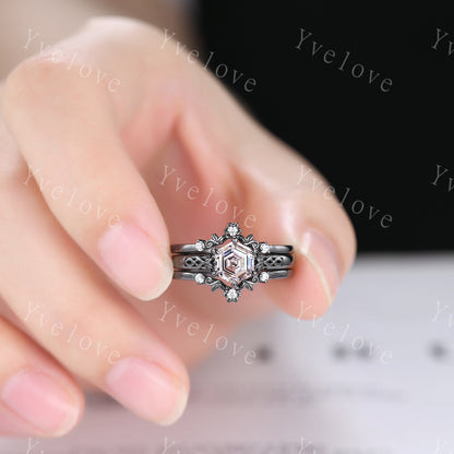 Unique Hexagon Shaped Moissanite Engagement Ring Black Gold Vintage Moissanite Wedding Ring Art Deco Promise Bridal Ring For Women
