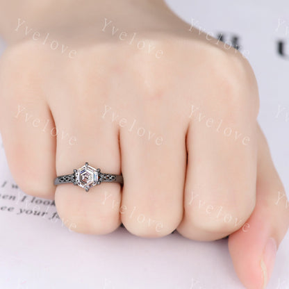 Unique Hexagon Shaped Moissanite Engagement Ring Black Gold Vintage Moissanite Wedding Ring Art Deco Promise Bridal Ring For Women