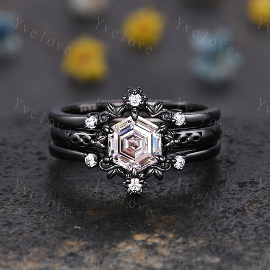 Unique Hexagon Shaped Moissanite Engagement Ring Black Gold Vintage Moissanite Wedding Ring Art Deco Promise Bridal Ring For Women