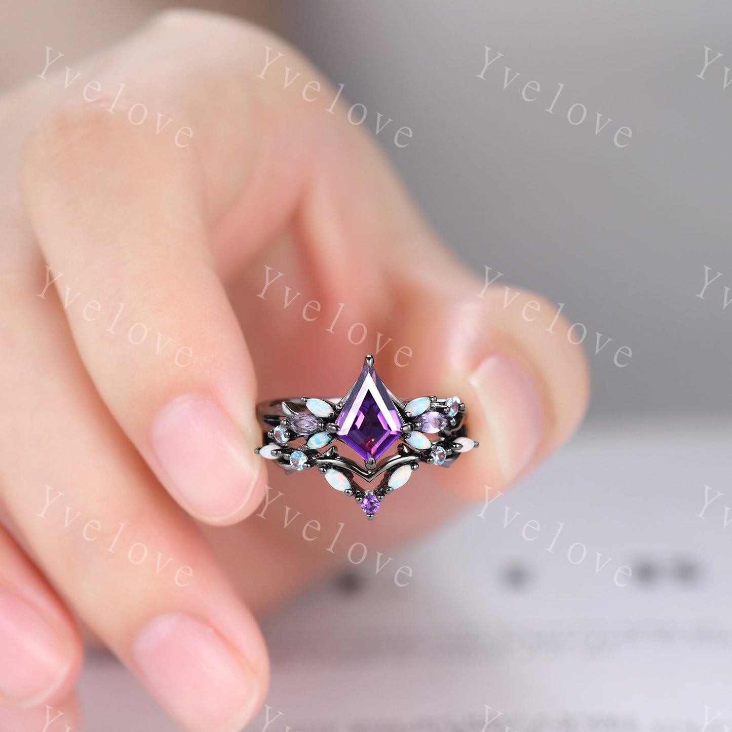 Vintage Kite Amethyst Engagement Ring Set,Black Gold,Vines Amethyst Opal Ring,Women Bridal Set,Unique Twig Anniversary Promise Ring Gift