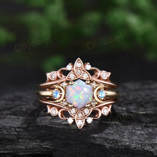 Hexagon white opal engagement ring yellow gold moonstone ring women moissanite Celtic knot moon wedding band enhancer anniversary gift