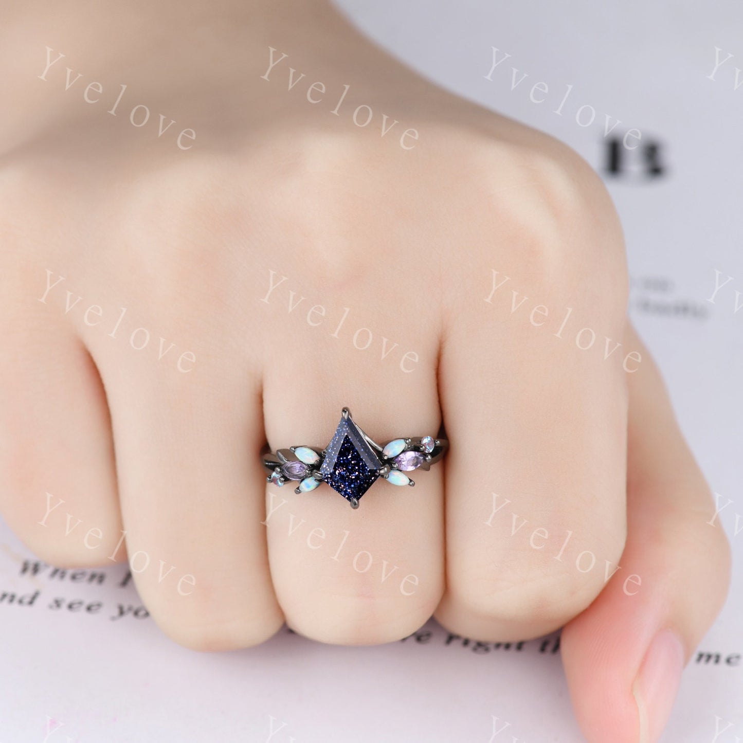 Vintage Kite Sandstone Engagement Ring Set,Black Gold,Vines Amethyst Opal Ring,Women Bridal Set,Unique Twig Anniversary Promise Ring Gift