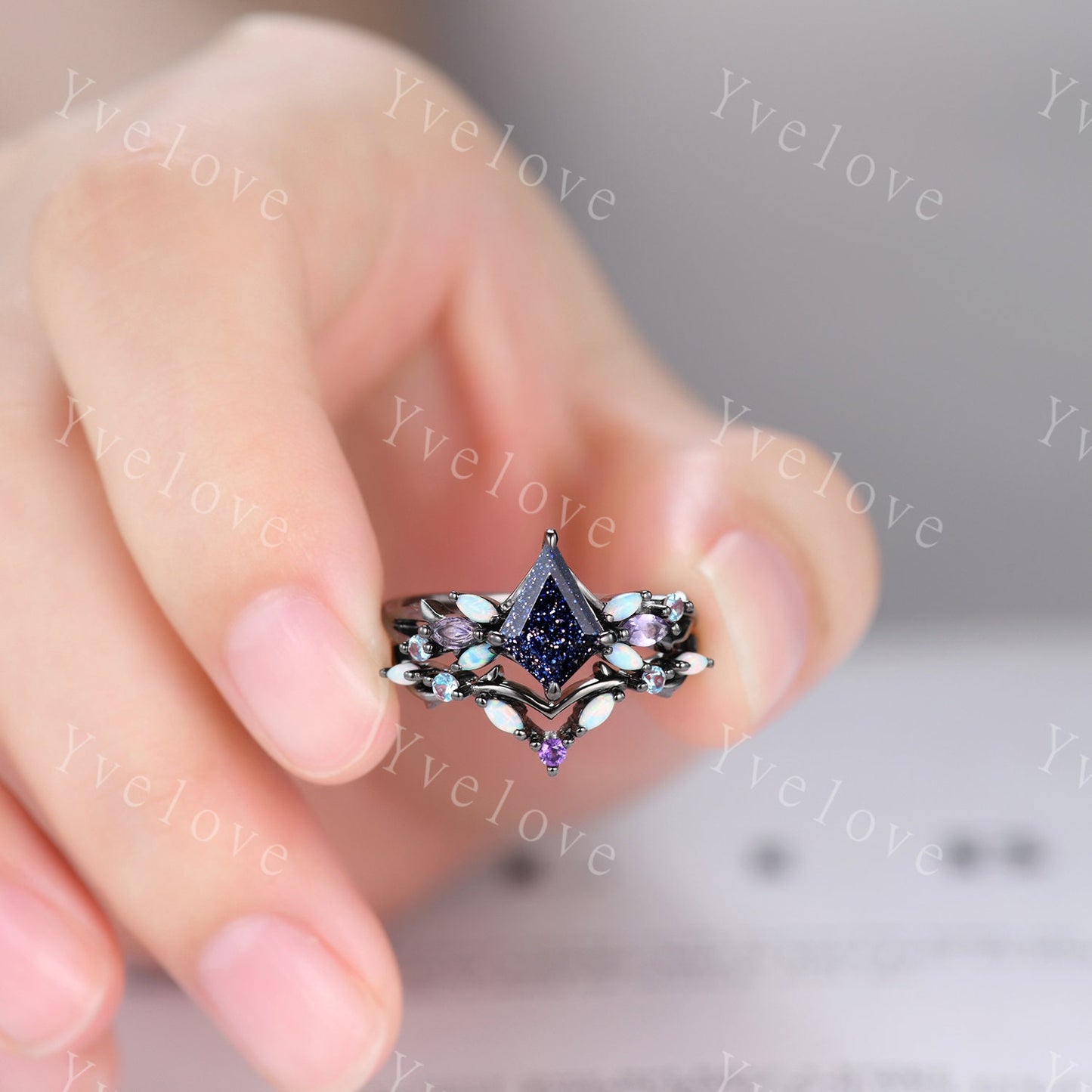 Custom Vintage Kite Sandstone Engagement Ring Set,Black Gold,Vines Amethyst Opal Ring,Women Bridal Set,Unique Twig Anniversary Promise Ring