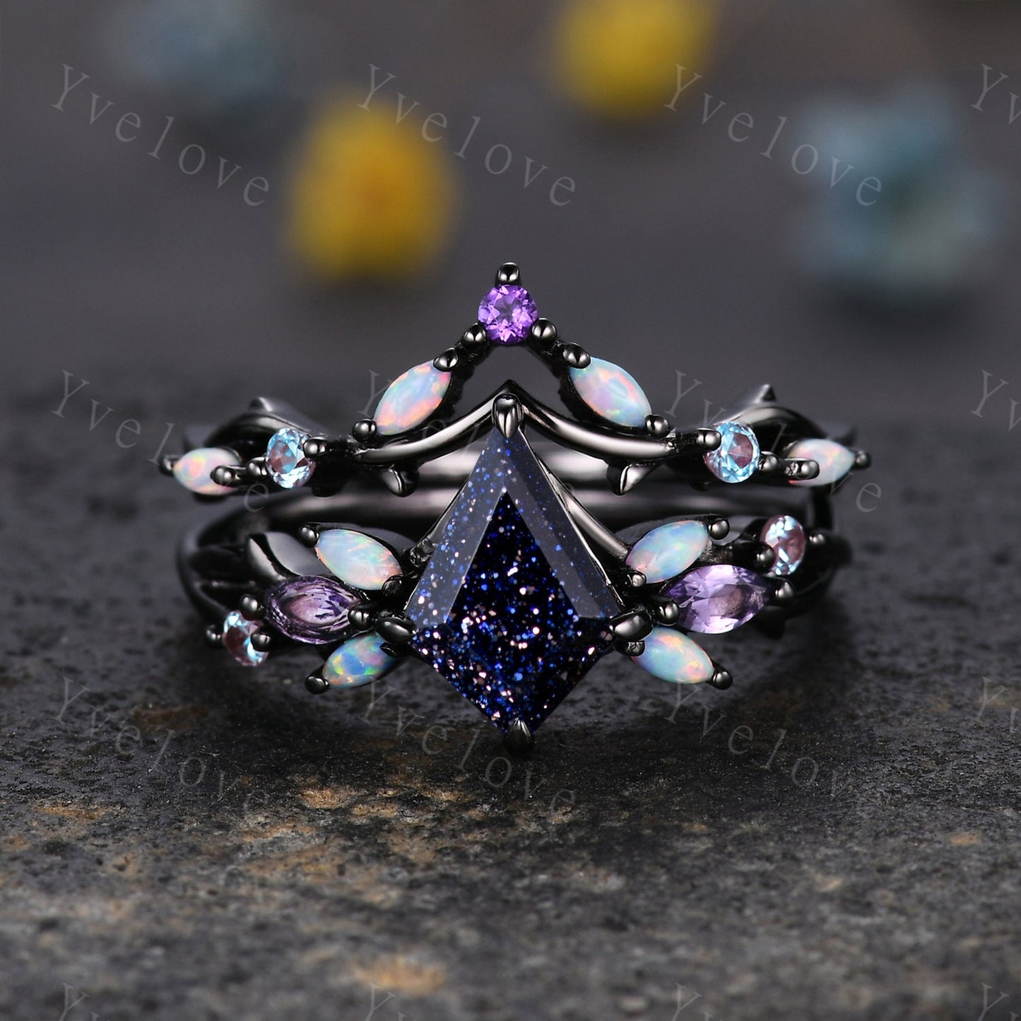 Custom Vintage Kite Sandstone Engagement Ring Set,Black Gold,Vines Amethyst Opal Ring,Women Bridal Set,Unique Twig Anniversary Promise Ring