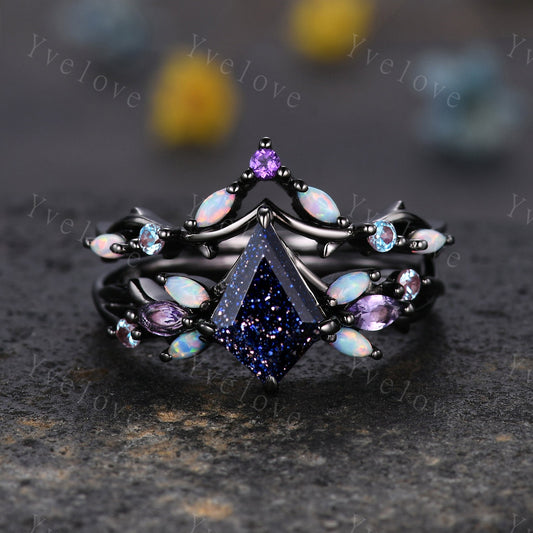 Vintage Kite Sandstone Engagement Ring Set,Black Gold,Vines Amethyst Opal Ring,Women Bridal Set,Unique Twig Anniversary Promise Ring Gift