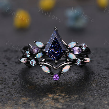 Custom Vintage Kite Sandstone Engagement Ring Set,Black Gold,Vines Amethyst Opal Ring,Women Bridal Set,Unique Twig Anniversary Promise Ring