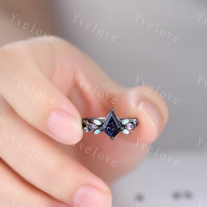 Custom Vintage Kite Sandstone Engagement Ring Set,Black Gold,Vines Amethyst Opal Ring,Women Bridal Set,Unique Twig Anniversary Promise Ring