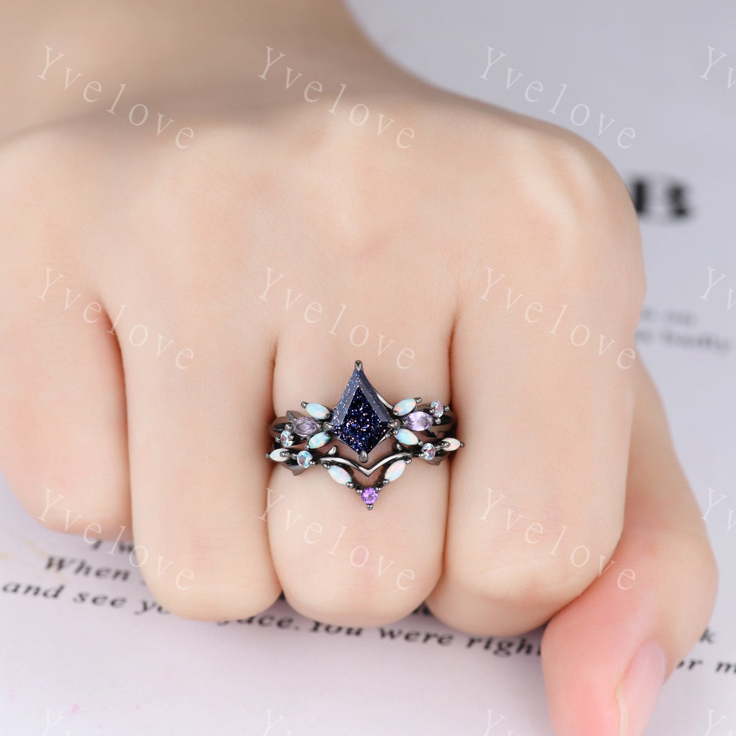 Custom Vintage Kite Sandstone Engagement Ring Set,Black Gold,Vines Amethyst Opal Ring,Women Bridal Set,Unique Twig Anniversary Promise Ring