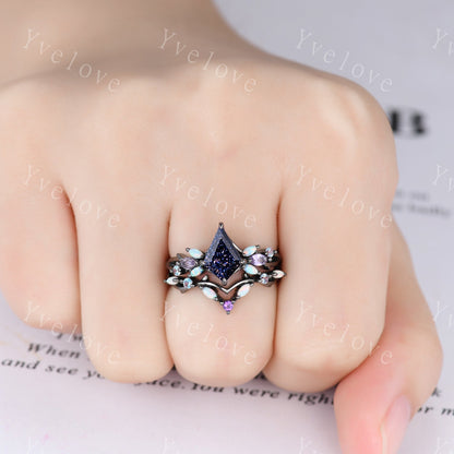 Vintage Kite Sandstone Engagement Ring Set,Black Gold,Vines Amethyst Opal Ring,Women Bridal Set,Unique Twig Anniversary Promise Ring Gift
