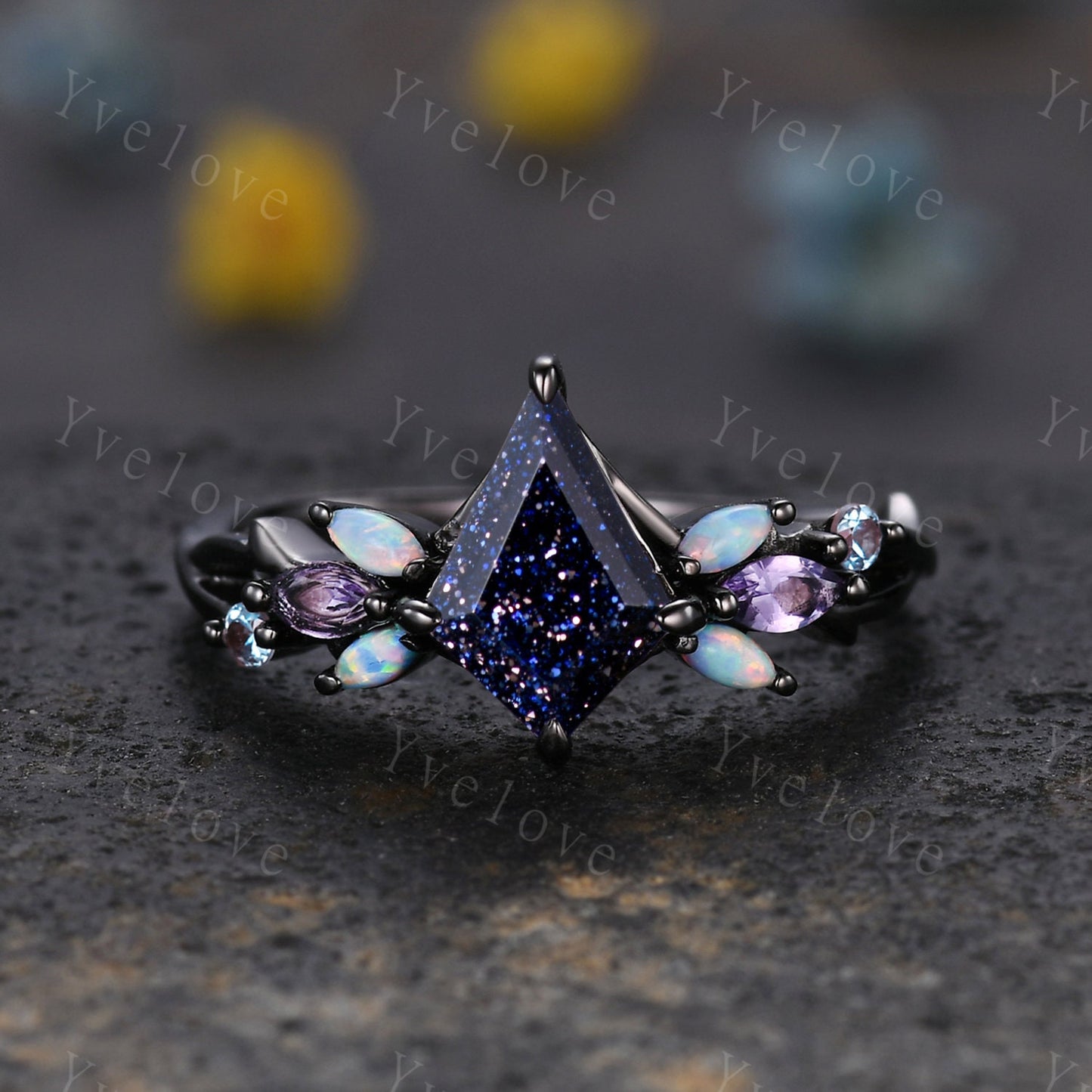 Custom Vintage Kite Sandstone Engagement Ring Set,Black Gold,Vines Amethyst Opal Ring,Women Bridal Set,Unique Twig Anniversary Promise Ring