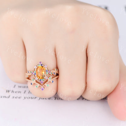 Oval citrine ring art deco engagement ring rose gold amethyst sapphire emerald wedding band vintage cluster ring women anniversary gift