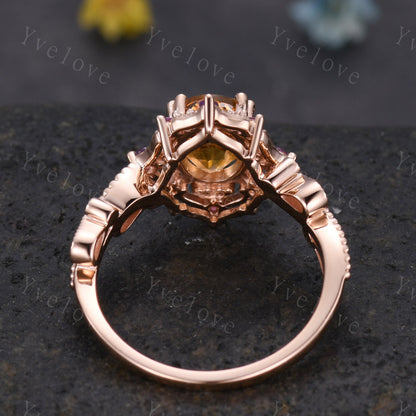 Oval citrine ring art deco engagement ring rose gold amethyst sapphire emerald wedding band vintage cluster ring women anniversary gift