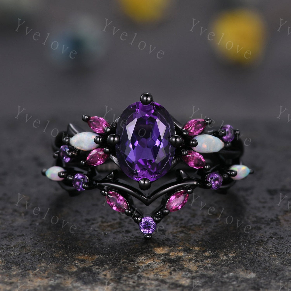 Vintage Oval Amethyst Engagement Ring Set,Black Gold,Vines Red Ruby Opal Ring,Women Bridal Set,Unique Twig Anniversary Promise Ring Gift