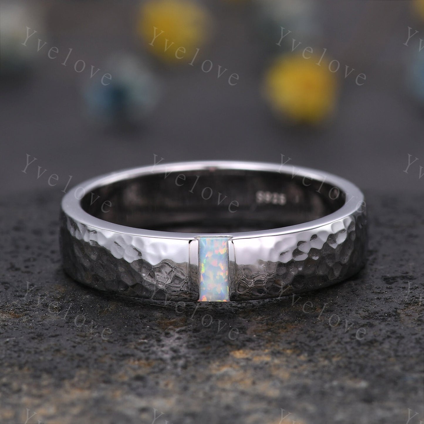 Mens White Fire Opal Wedding Band Baguette Cut Opal Band 5mm Black Silver Ring Mens Hammered Stacking Matching Band Retro Vintage Ring Gift