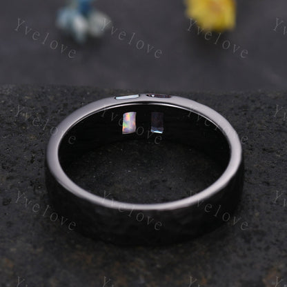 Mens Alexandrite Opal Wedding Band Baguette Cut Alexandrite Opal Band 5mm Gold Ring Mens Hammered Stacking Matching Band Retro Vintage Gift