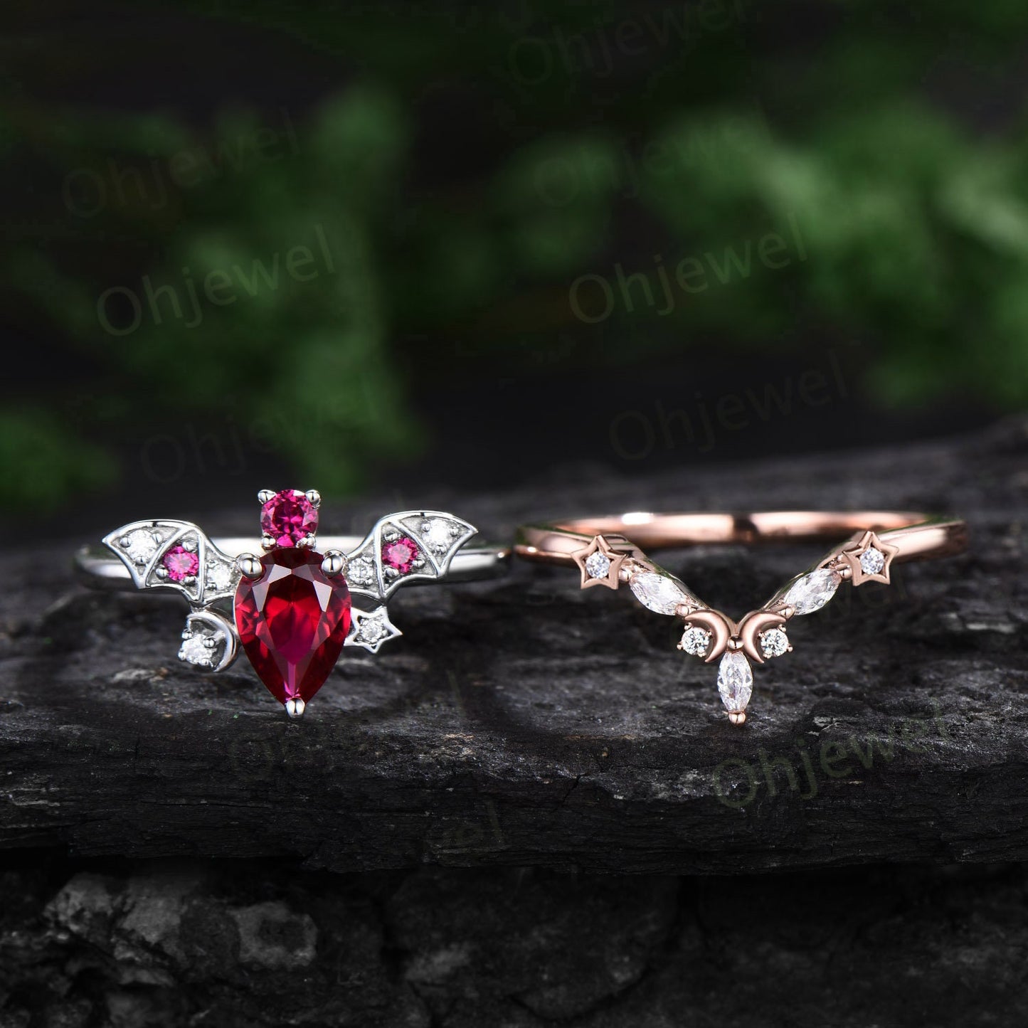 Vintage pear shaped red ruby engagement ring white gold wing moon star bat diamond ring women unique wedding anniversary ring gift