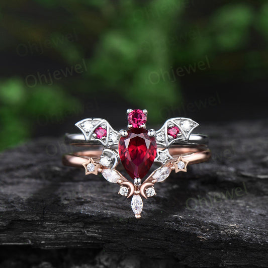 Vintage pear shaped red ruby engagement ring white gold wing moon star bat diamond ring women unique wedding anniversary ring gift