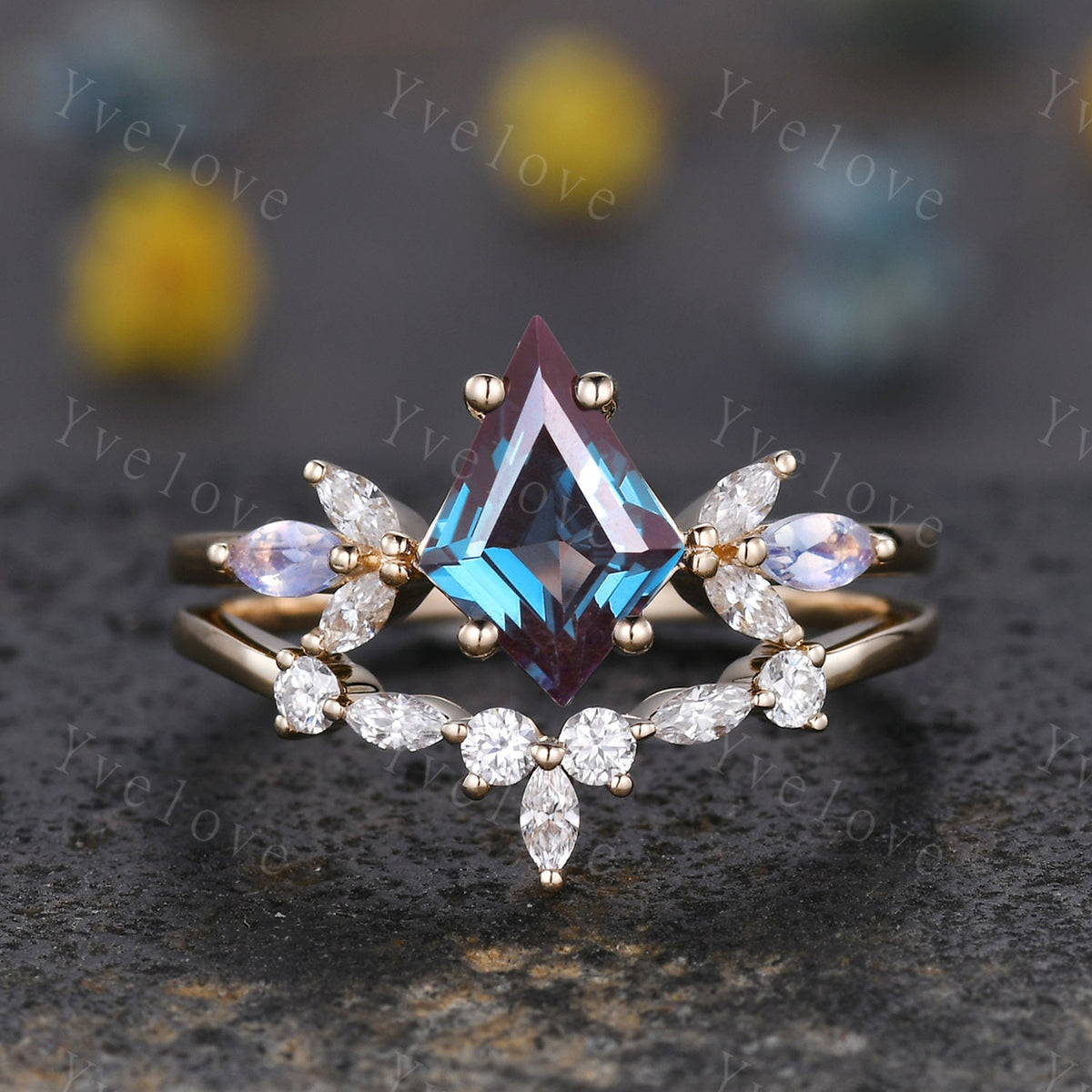 Art Deco Kite Alexandrite Engagement Ring,Unique Bridal Ring,Marquise Moonstone Ring,Moissanite Ring For Women,Rose Gold Band Silver Ring