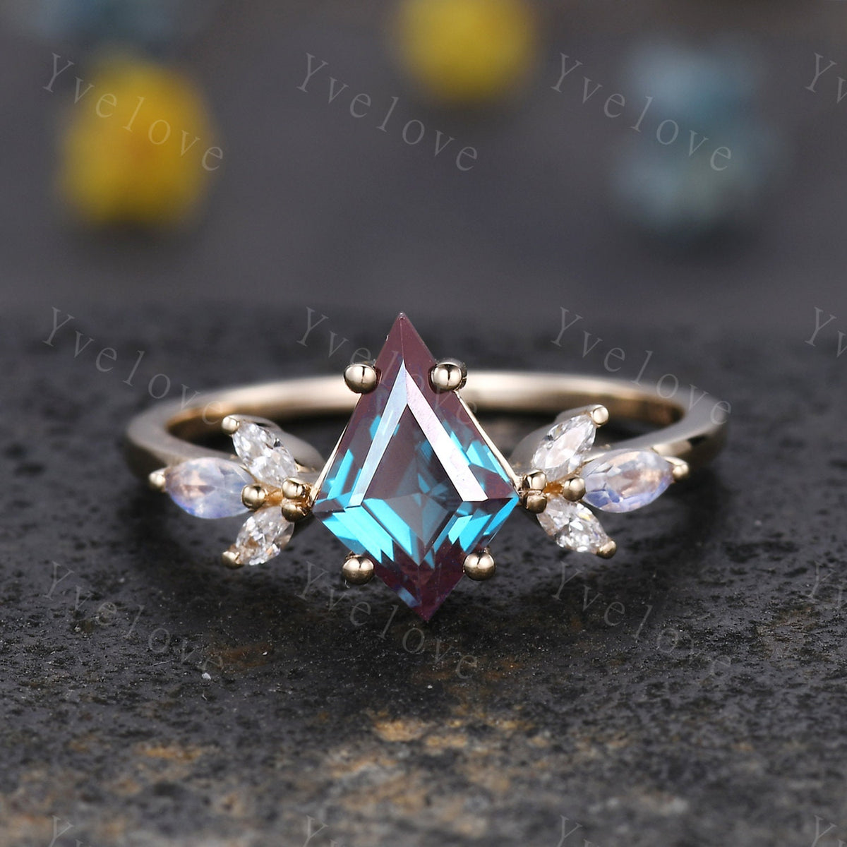 Art Deco Kite Alexandrite Engagement Ring,Unique Bridal Ring,Marquise Moonstone Ring,Moissanite Ring For Women,Rose Gold Band Silver Ring