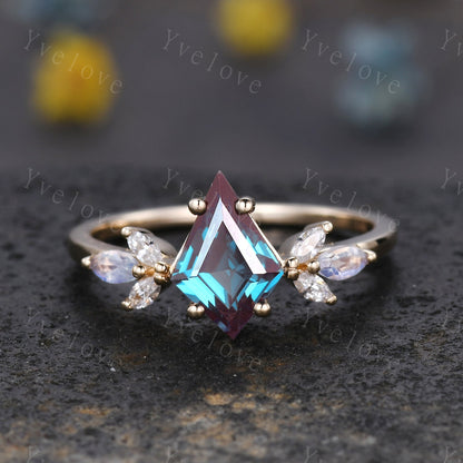 Art Deco Kite Alexandrite Engagement Ring,Unique Bridal Ring,Marquise Moonstone Ring,Moissanite Ring For Women,Rose Gold Band Silver Ring