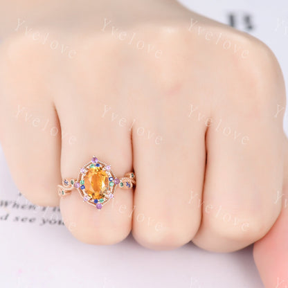 Oval citrine ring art deco engagement ring rose gold amethyst sapphire emerald wedding band vintage cluster ring women anniversary gift