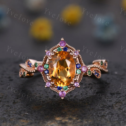 Oval citrine ring art deco engagement ring rose gold amethyst sapphire emerald wedding band vintage cluster ring women anniversary gift