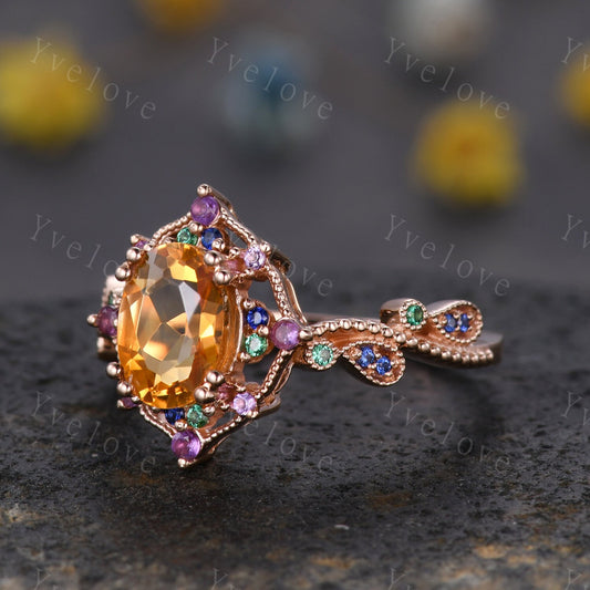 Oval citrine ring art deco engagement ring rose gold amethyst sapphire emerald wedding band vintage cluster ring women anniversary gift