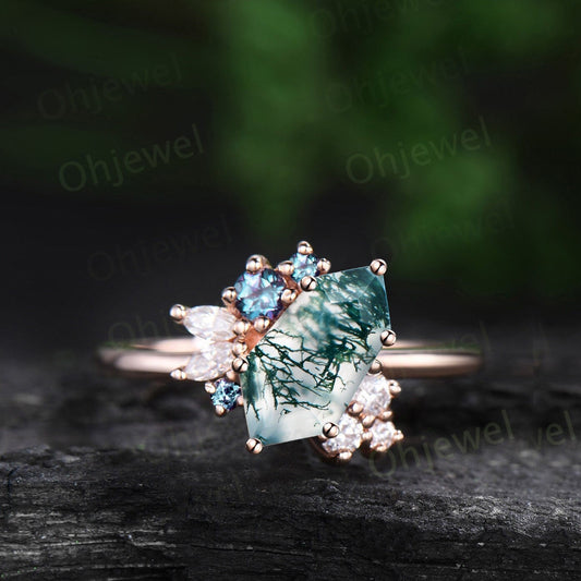 Shield green moss agate ring vintage 6 prong rose gold unqiue engagement ring cluster Alexandrite diamond wedding ring women jewelry gift