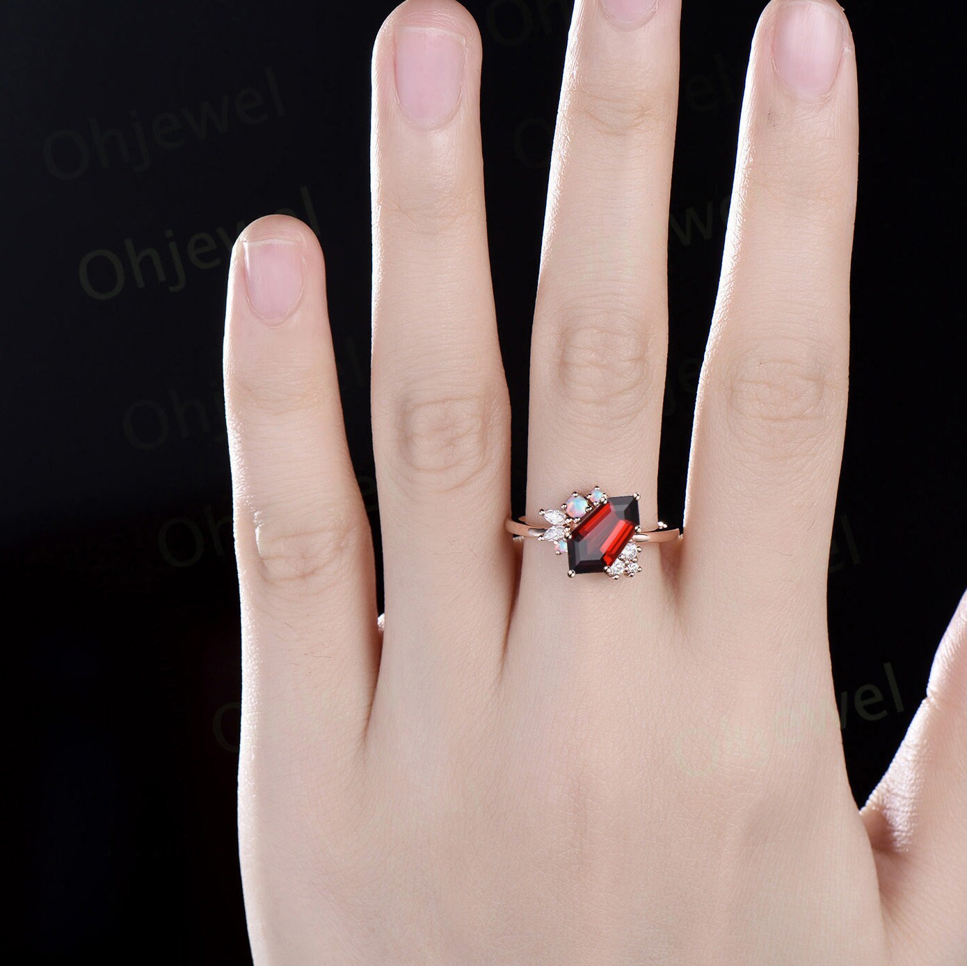 Shield red garnet ring vintage 6 prong rose gold unqiue engagement ring cluster opal diamond anniversary wedding ring women jewelry gift